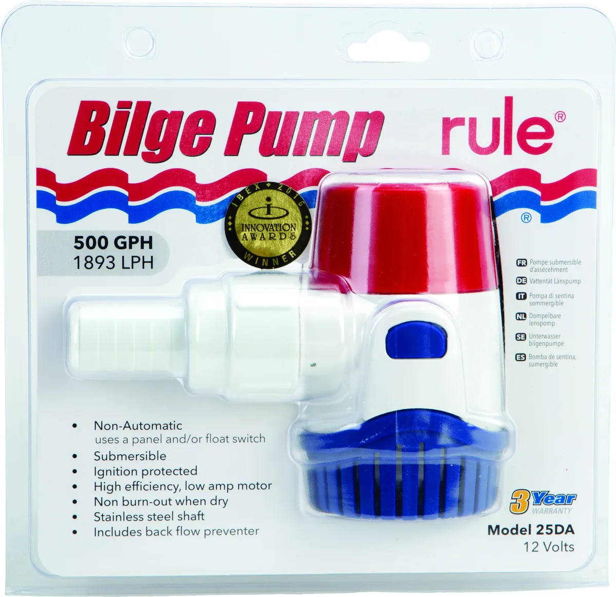 Compact cylindrical 12V bilge pump with stainless-steel shaft and integrated check valve