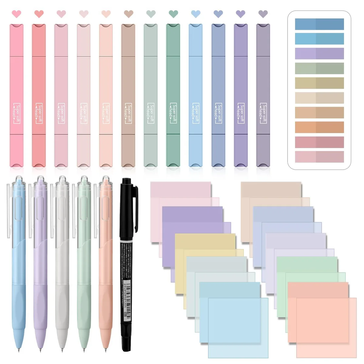 Square boxed kit with translucent sticky notes, coloured index tabs, dual-tip highlighters, gel pens and a black marker