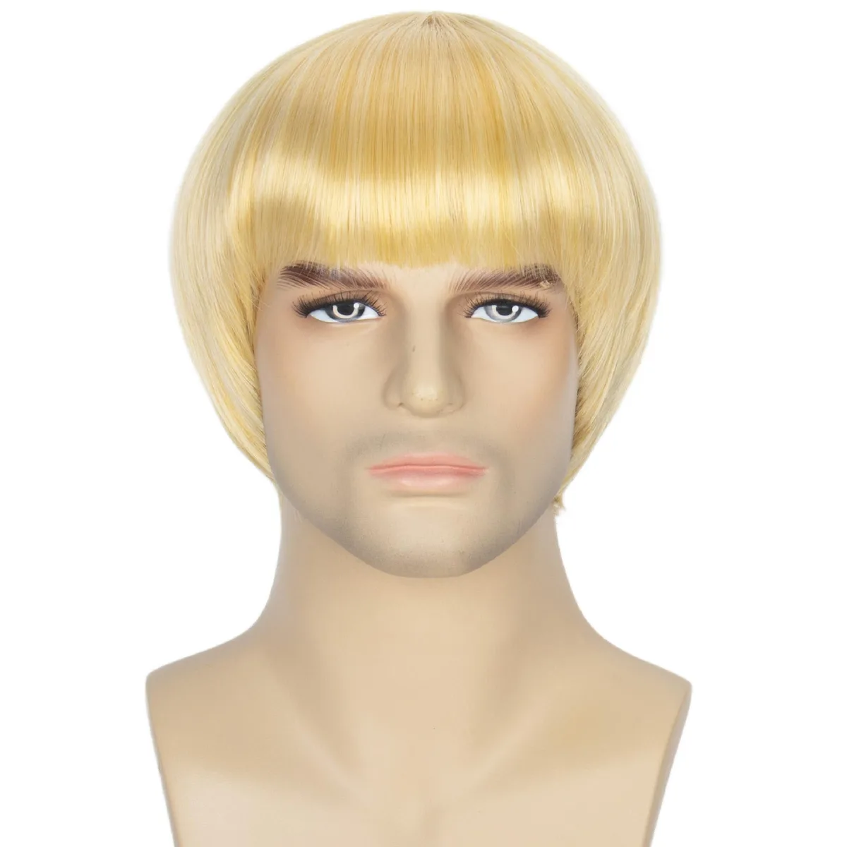Short straight light yellow bowl cut wig with bangs on adjustable cap