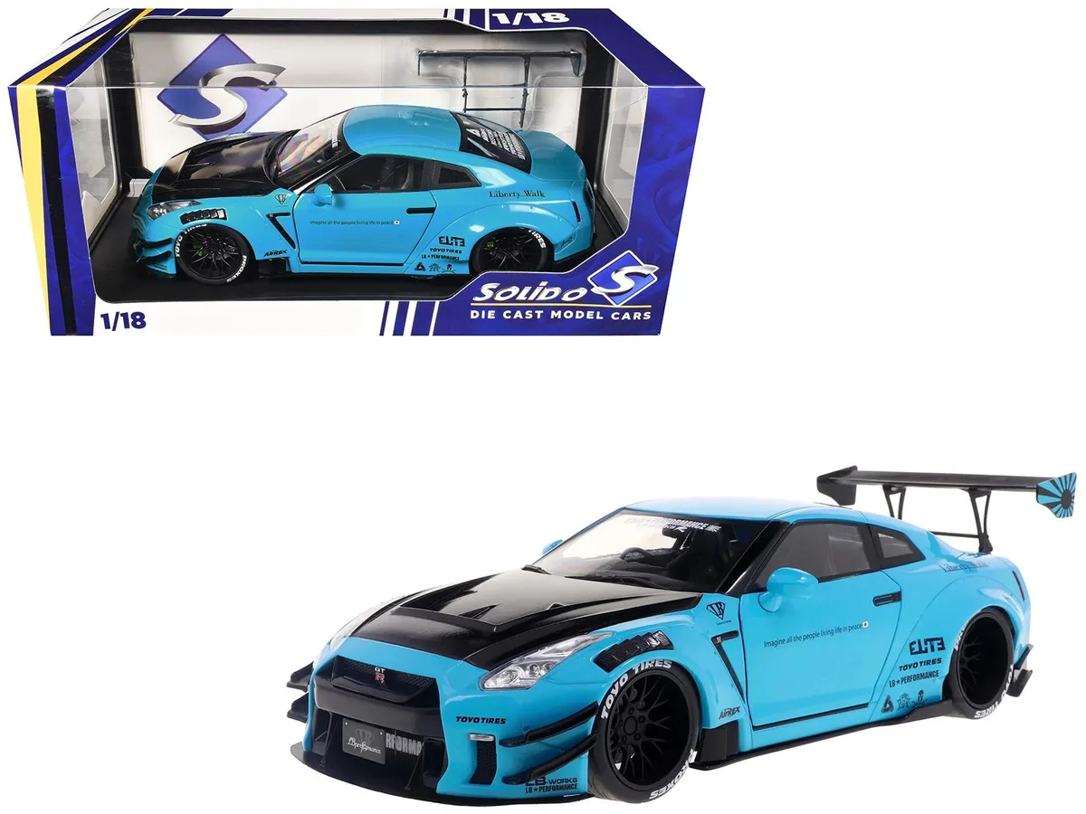 Solido Solido 2023 Nissan GT-R (R35) Liberty Walk Body Kit 2.0 RHD Baby Blue Carbon Hood 1/18 Diecast Car — product photo