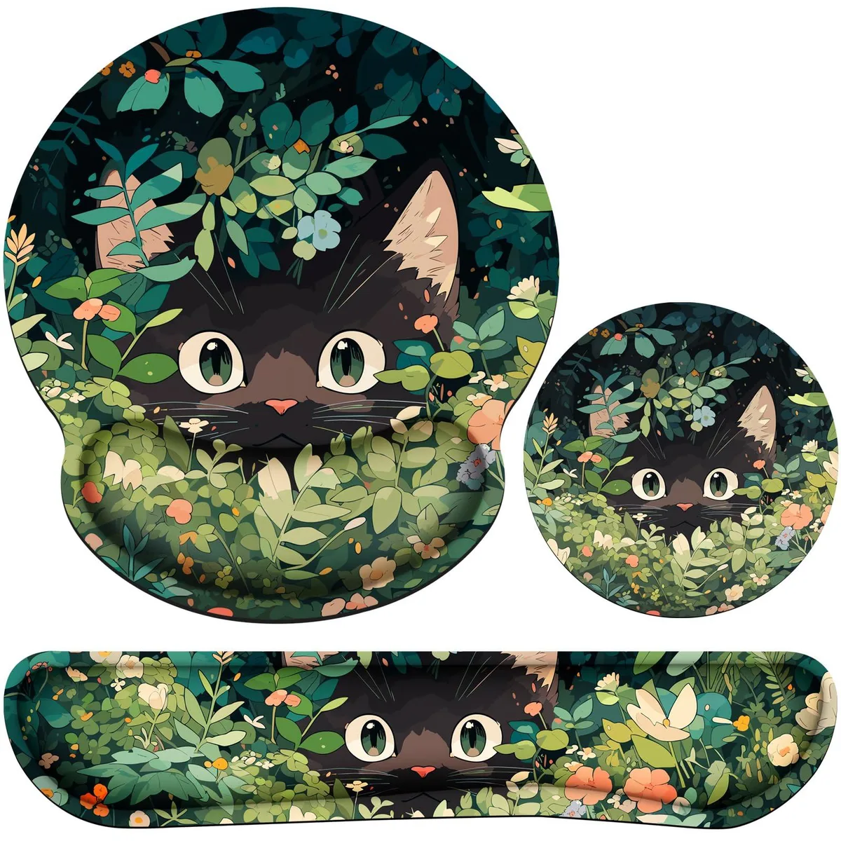 QOMOLAMA Curious Cat Anime Wrist Rest Set 16.9x3.5 in — product photo