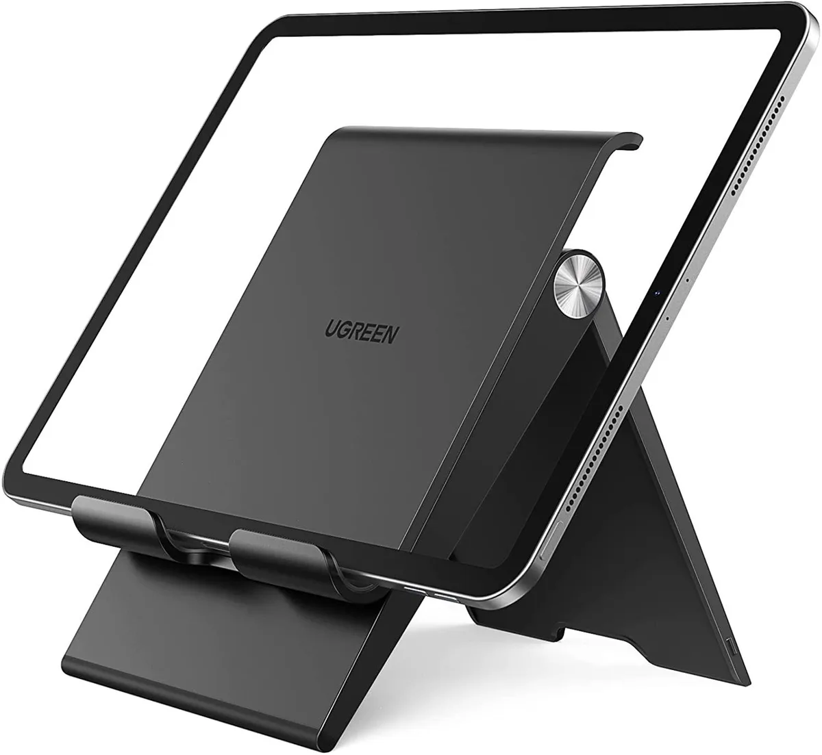 Black foldable tablet stand with adjustable angle 15°–100°