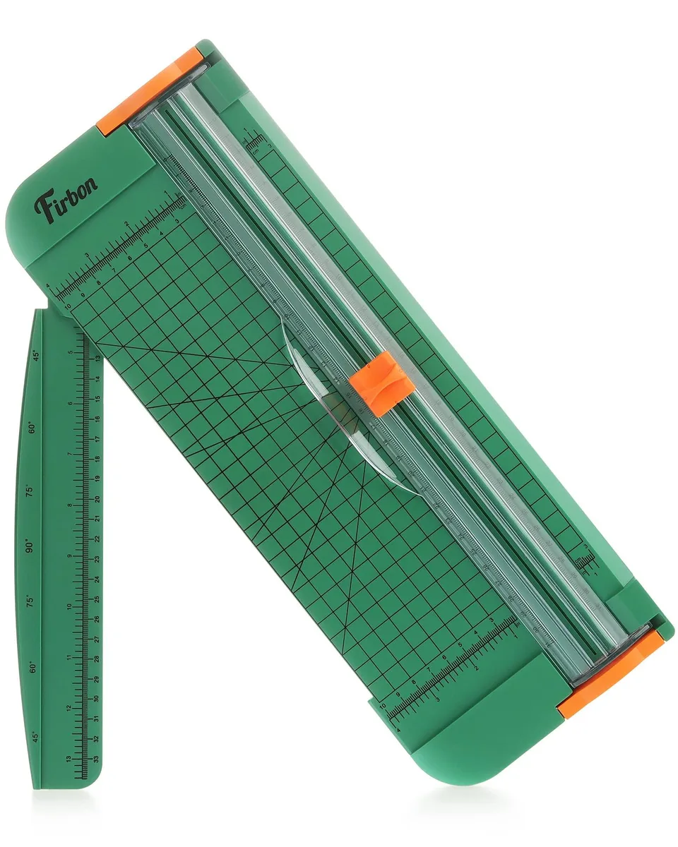 Green 12-inch paper trimmer with metal blade, plastic base, extended ruler and angle scale