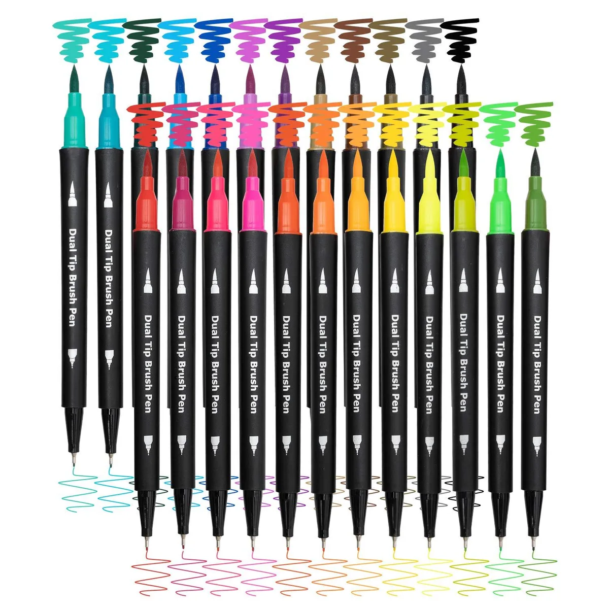Transparent case holding 24 dual-tip brush markers with fine and flexible tips