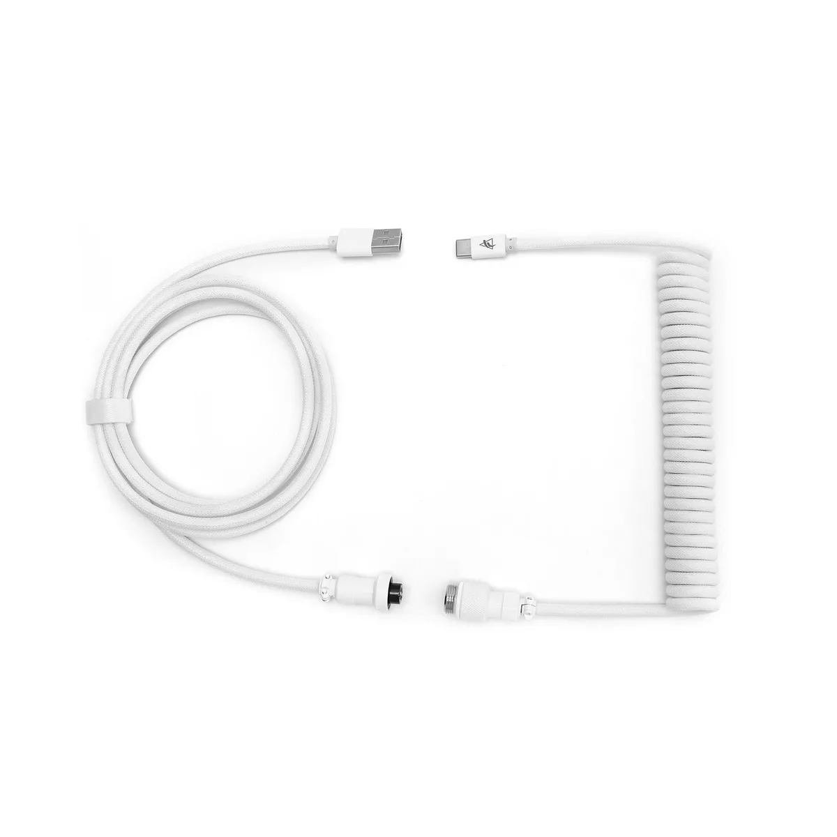 Coiled USB-C keyboard cable with metal aviator connector, double-sleeved nylon finish, black zipper bag