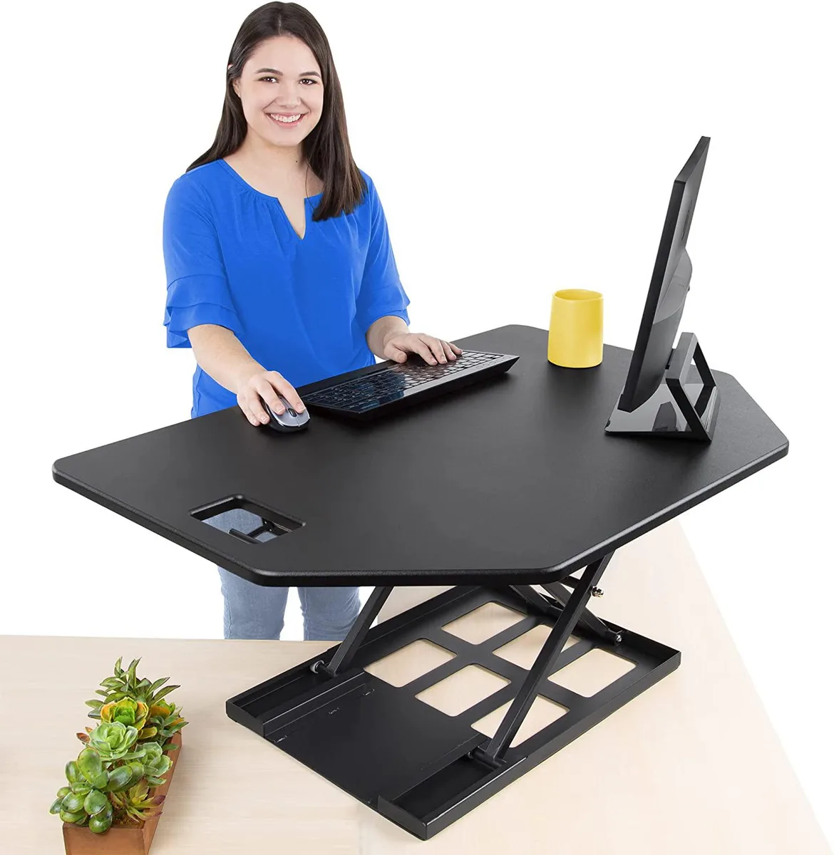 Black corner desk converter, 40 inches wide, steel frame with powder-coated finish, pneumatic height adjustment up to 16.75 inches