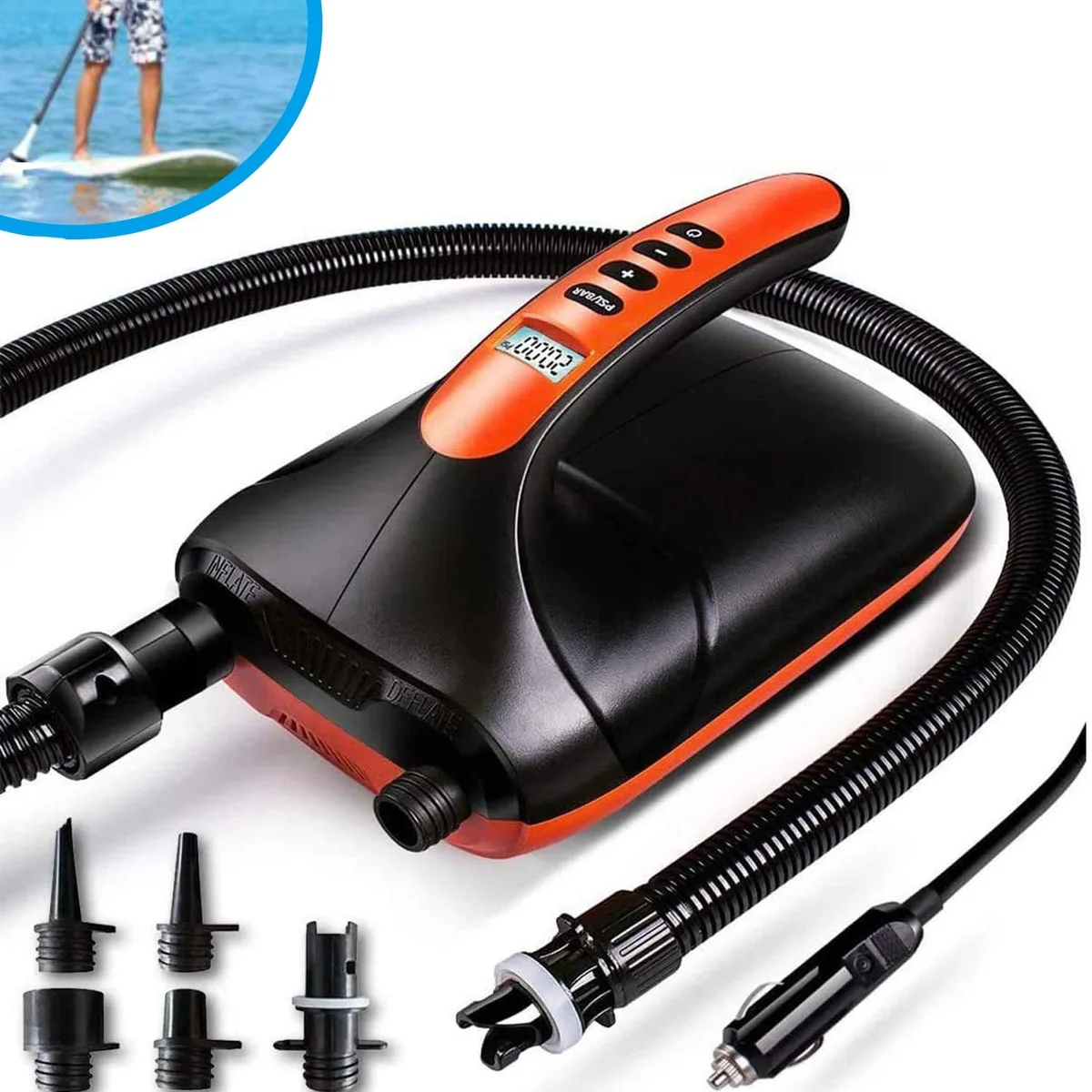 Rectangular black plastic pump with LCD screen and carry handle, 16.7 by 19 by 27.2 cm