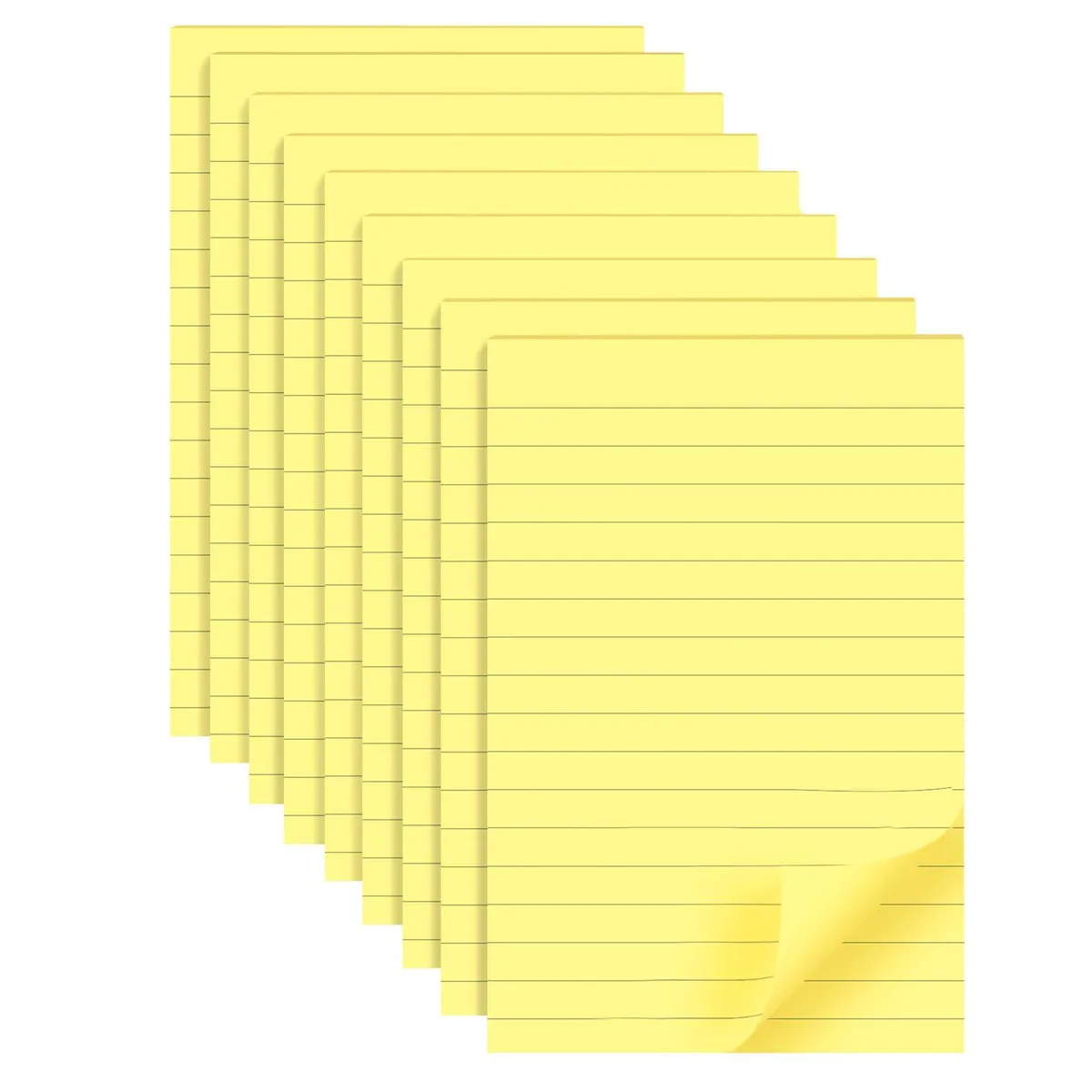 Nine yellow lined sticky note pads, 4 by 6 inches, 40 sheets each