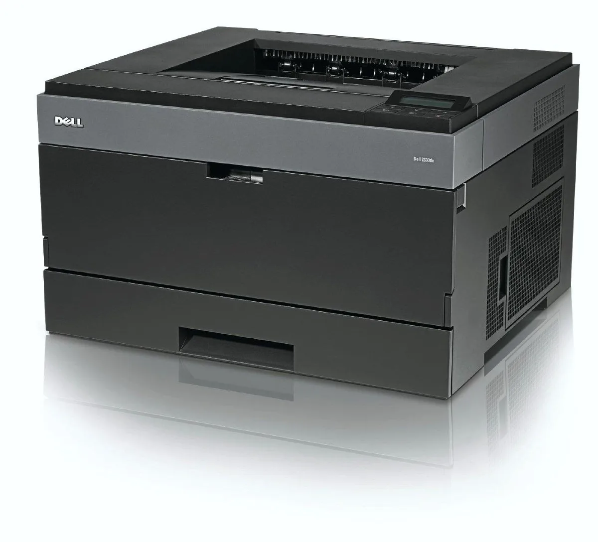 White rectangular office laser printer with front paper tray and top output bin