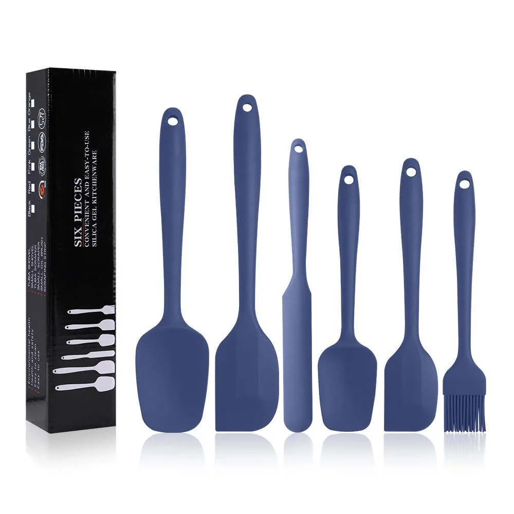 Six dark blue silicone spatulas with hanging loops, 10.6 inches long