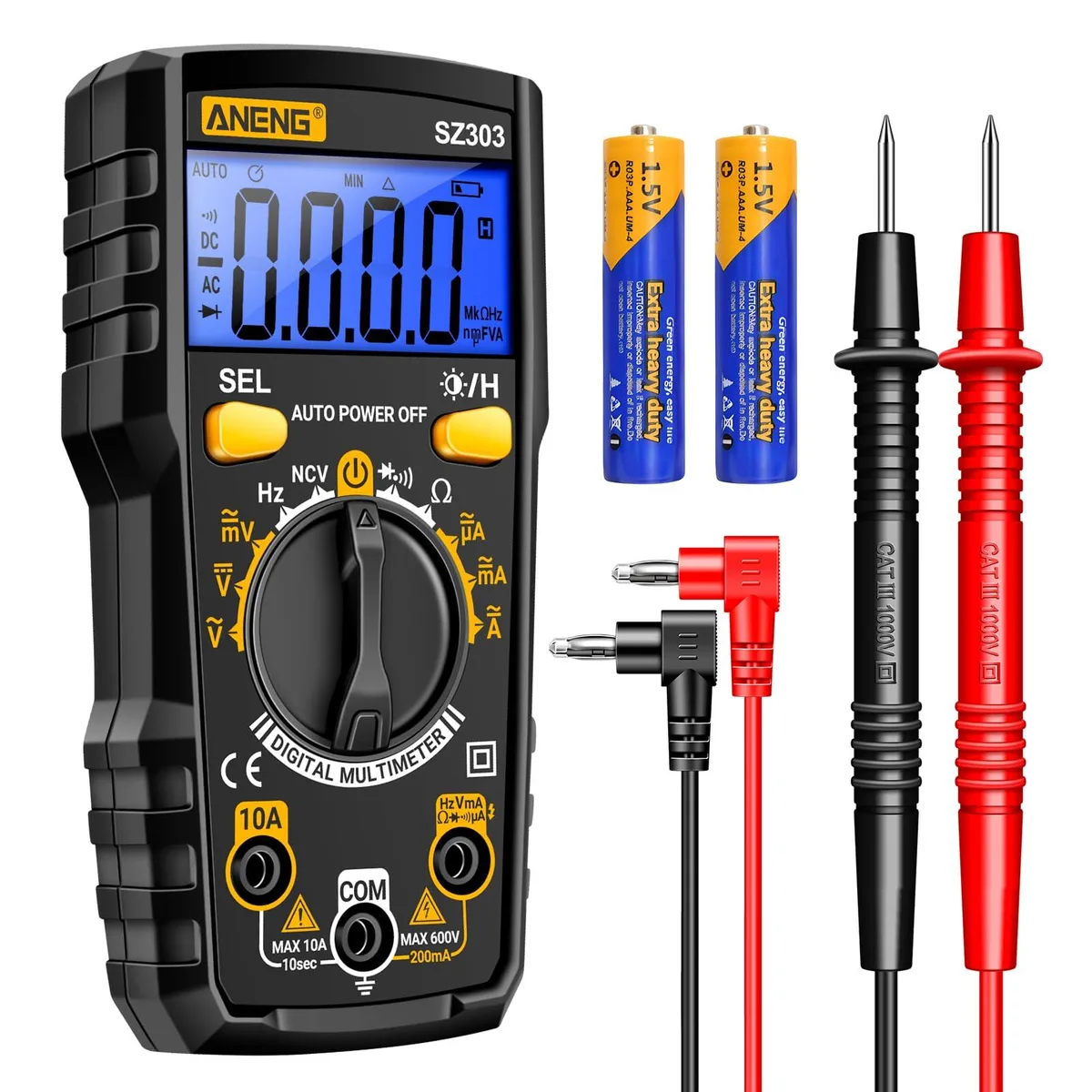 Black ANENG SZ303 digital multimeter with rotary dial, backlit display and test leads