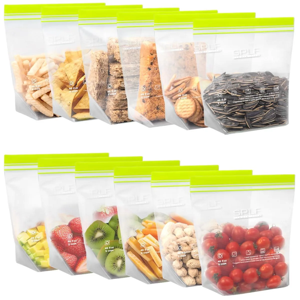 Twelve green polyethylene bags with double zipper and foldable bottom standing upright
