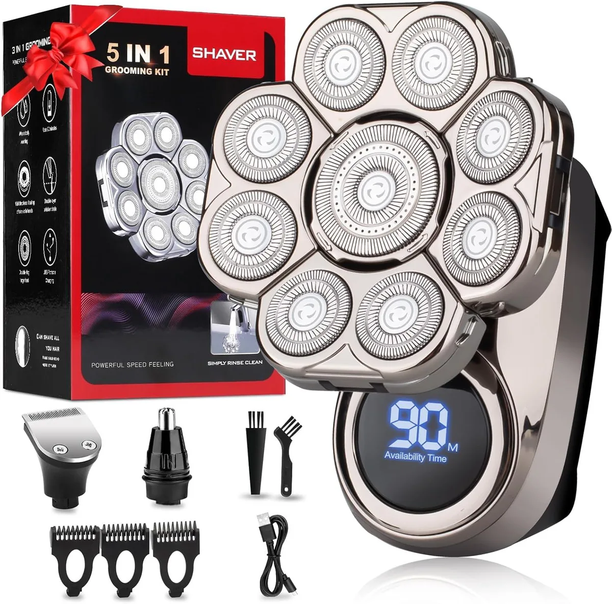 TAURKENAM 9D head shaver kit with nose hair trimmer, silver rotary unit, LED display