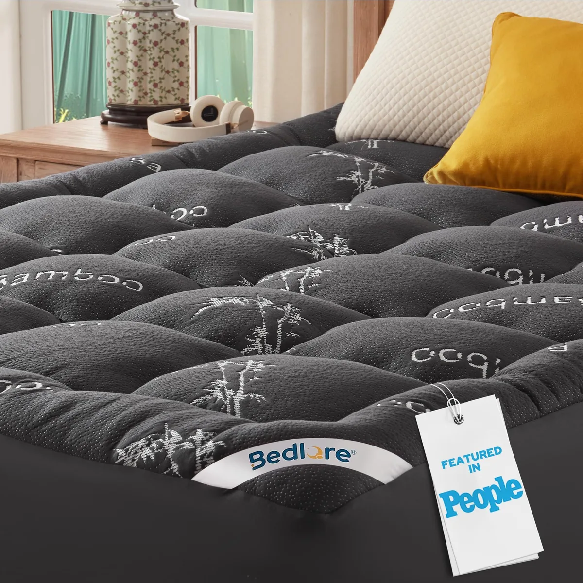 White king-size mattress topper with deep elastic skirt, 18 inches thick, bamboo viscose blend fabric