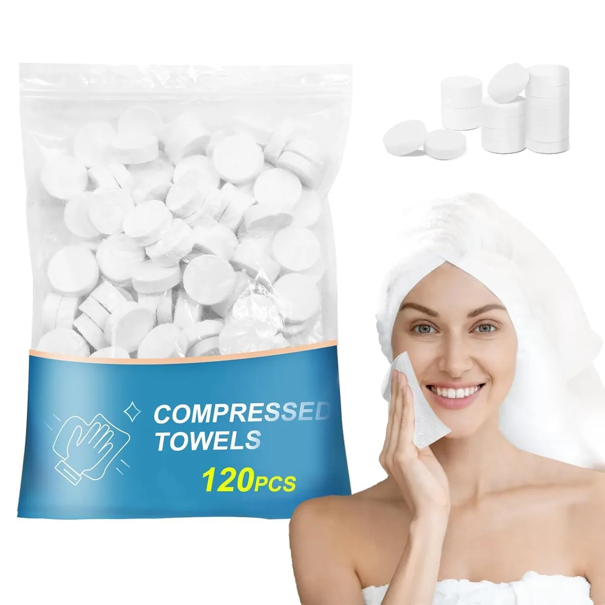 White cylindrical container holding 120 compressed microfiber towel tablets