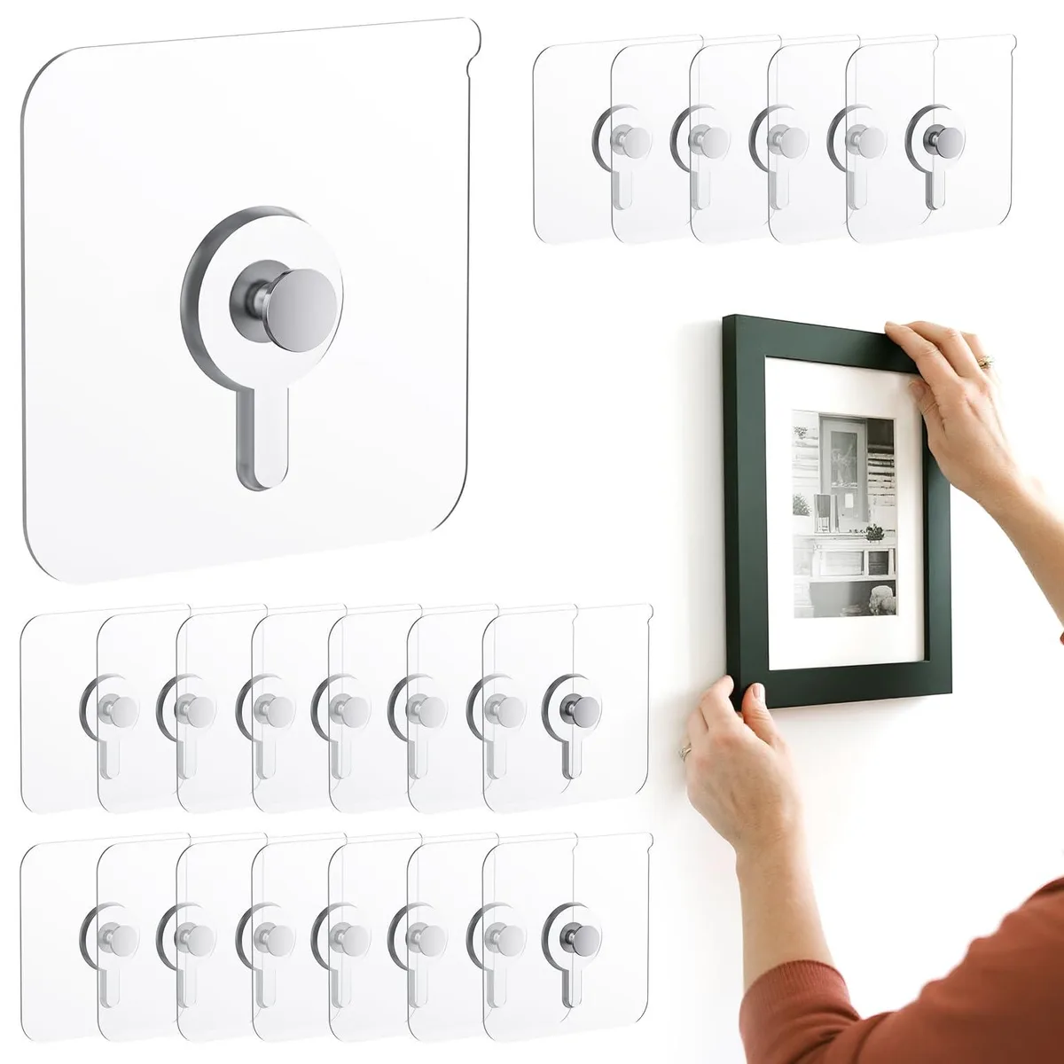 Clear adhesive hooks on white backing cards