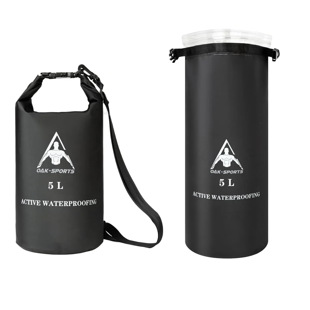 Black cylindrical roll-top backpack, nylon, adjustable strap, double zipper seal