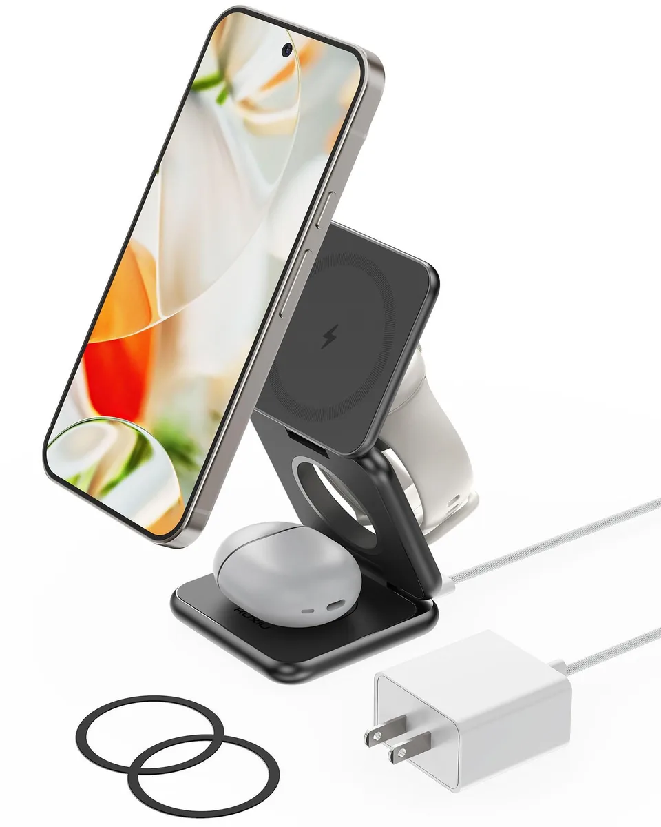 Foldable zinc-alloy stand with three charging zones for Pixel phone, watch and buds