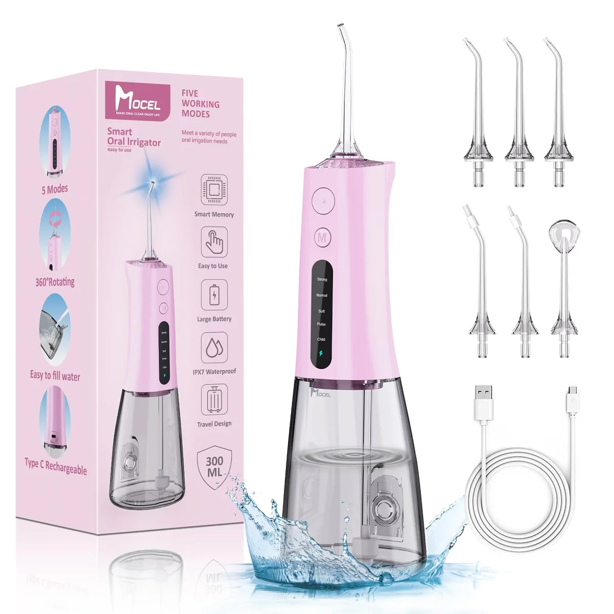 Pink cordless oral irrigator with OLED screen and 300ml tank