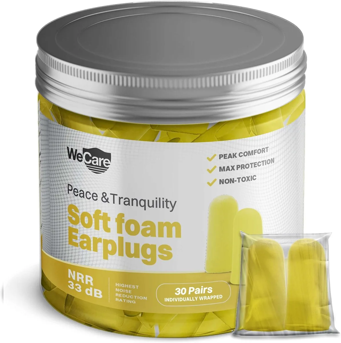 WeCare WeCare Soft Foam Earplugs 30 Pairs Yellow NRR 33dB — product photo