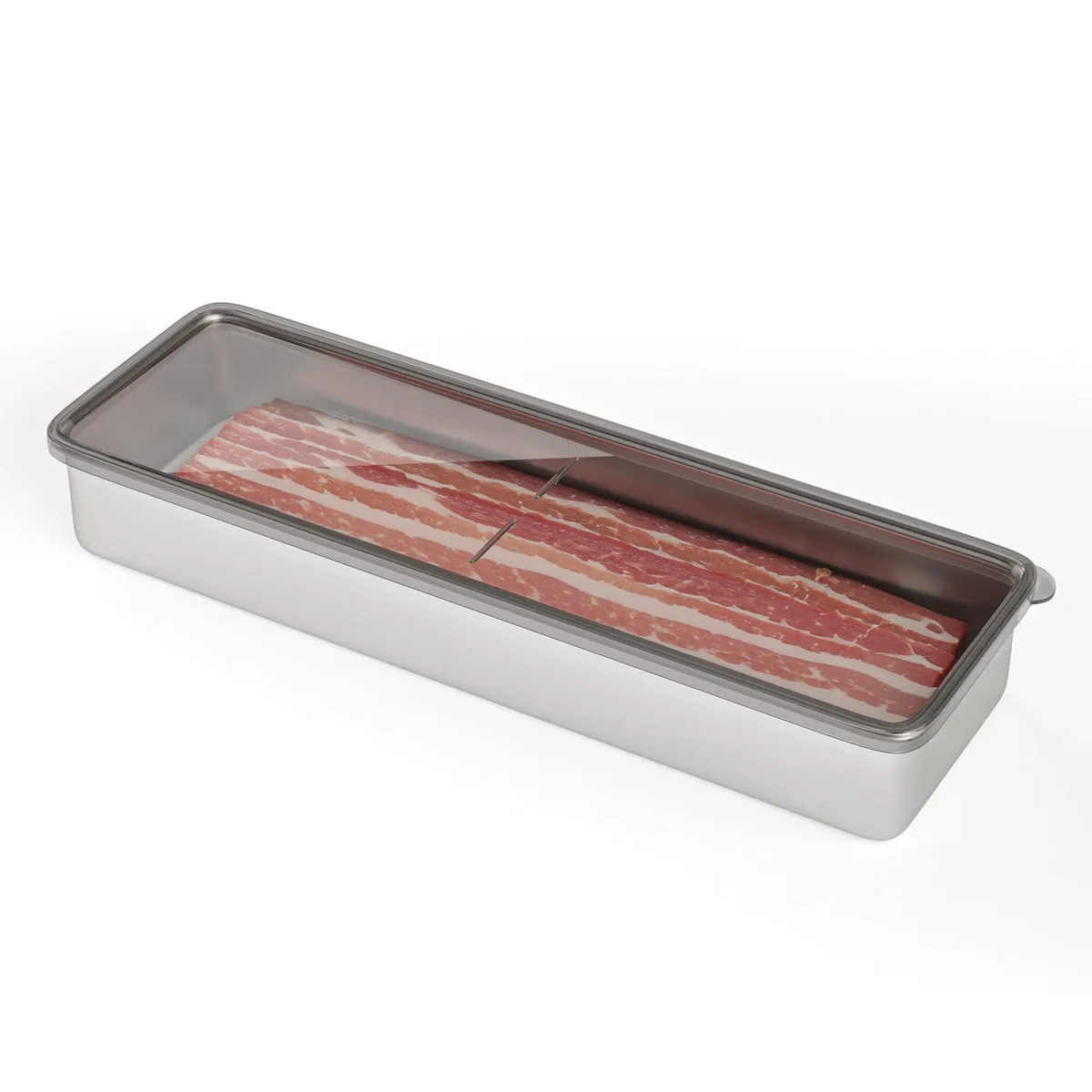 Red stainless steel rectangular food container with lid and raised base pattern