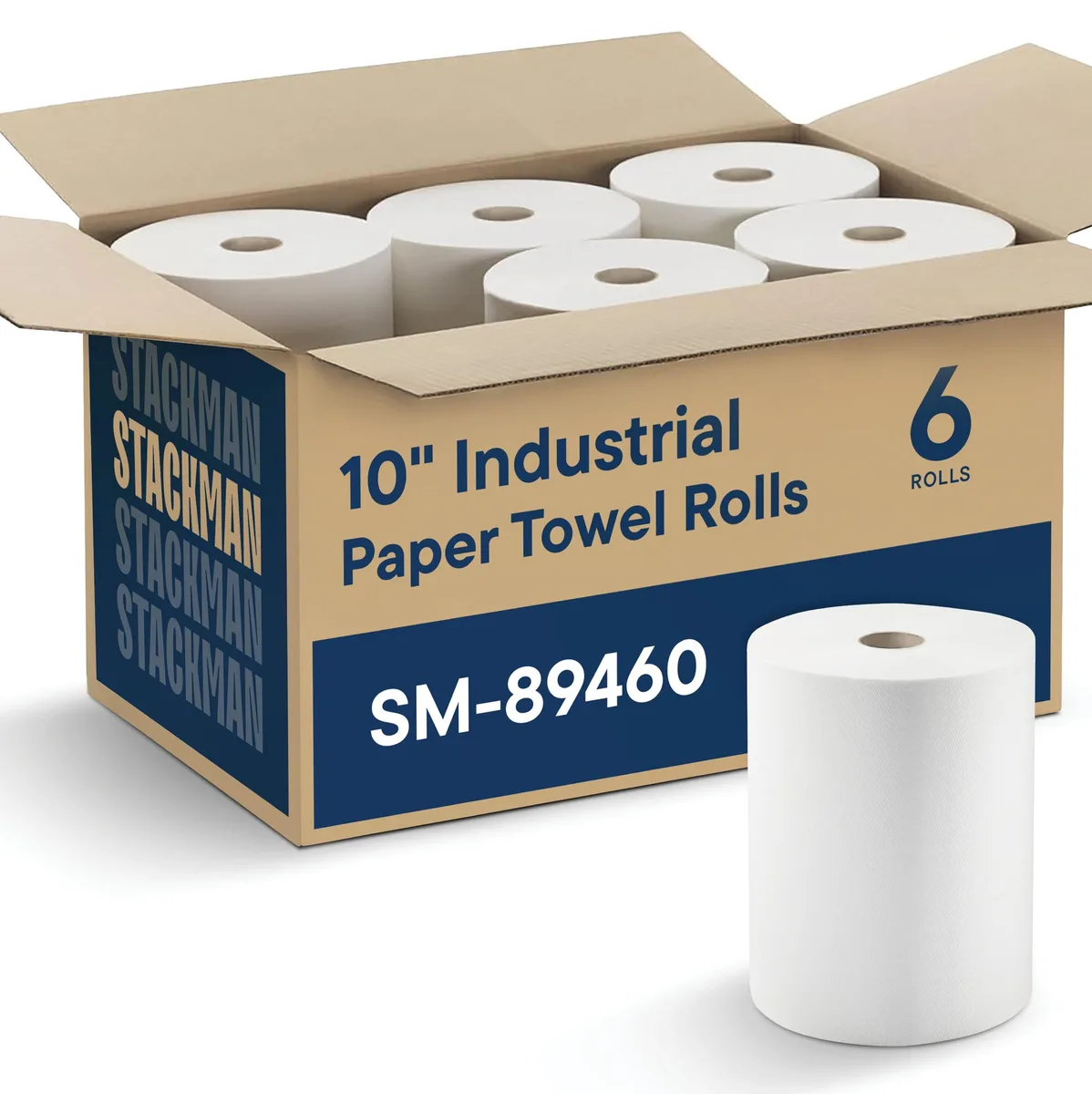 Six white paper towel rolls on a plain background
