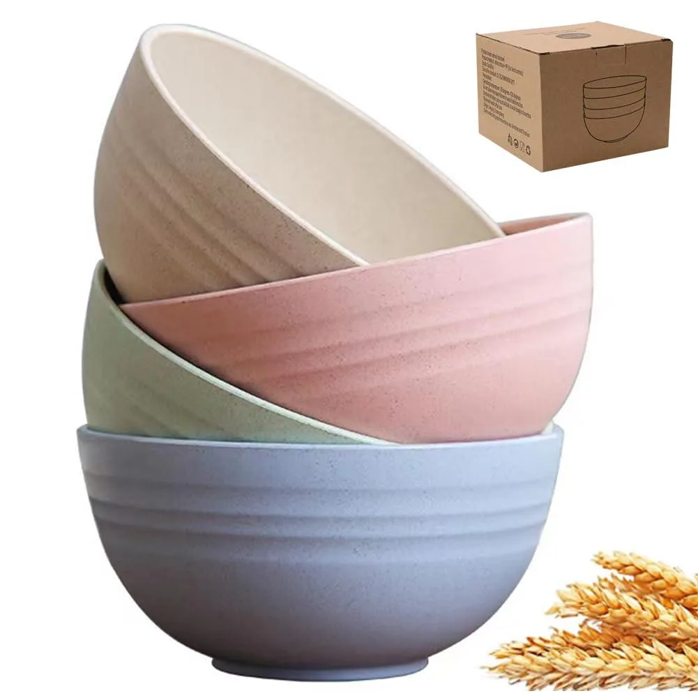 Four round wheat-straw bowls, 5.9 inch, light speckled finish