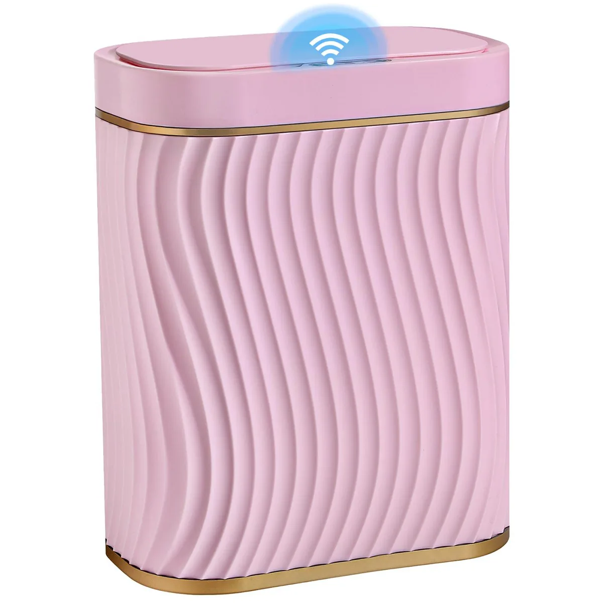 Three white oval 2.6 gallon smart bins with wave texture and sensor lids