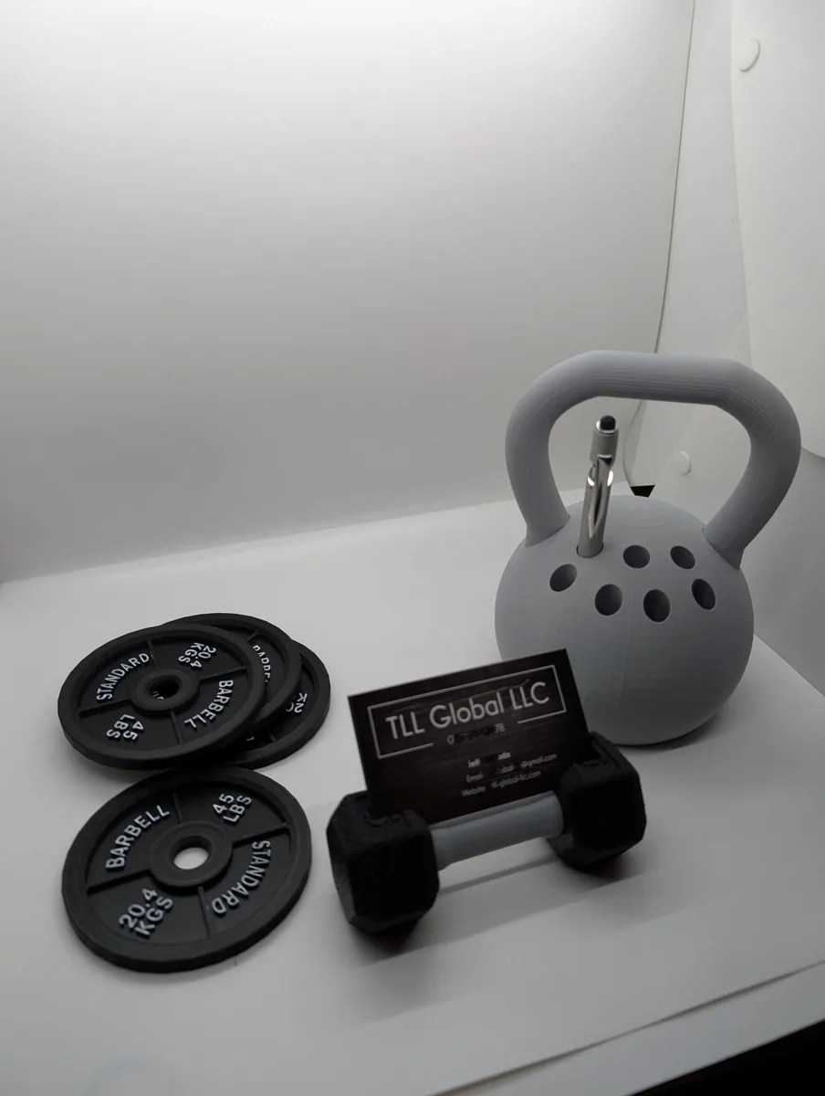 Generic 7-Desk Set Workout Dumbbell Card Holder Kettlebell Pen Holder 4 Weight Coasters Black Plastic — product photo