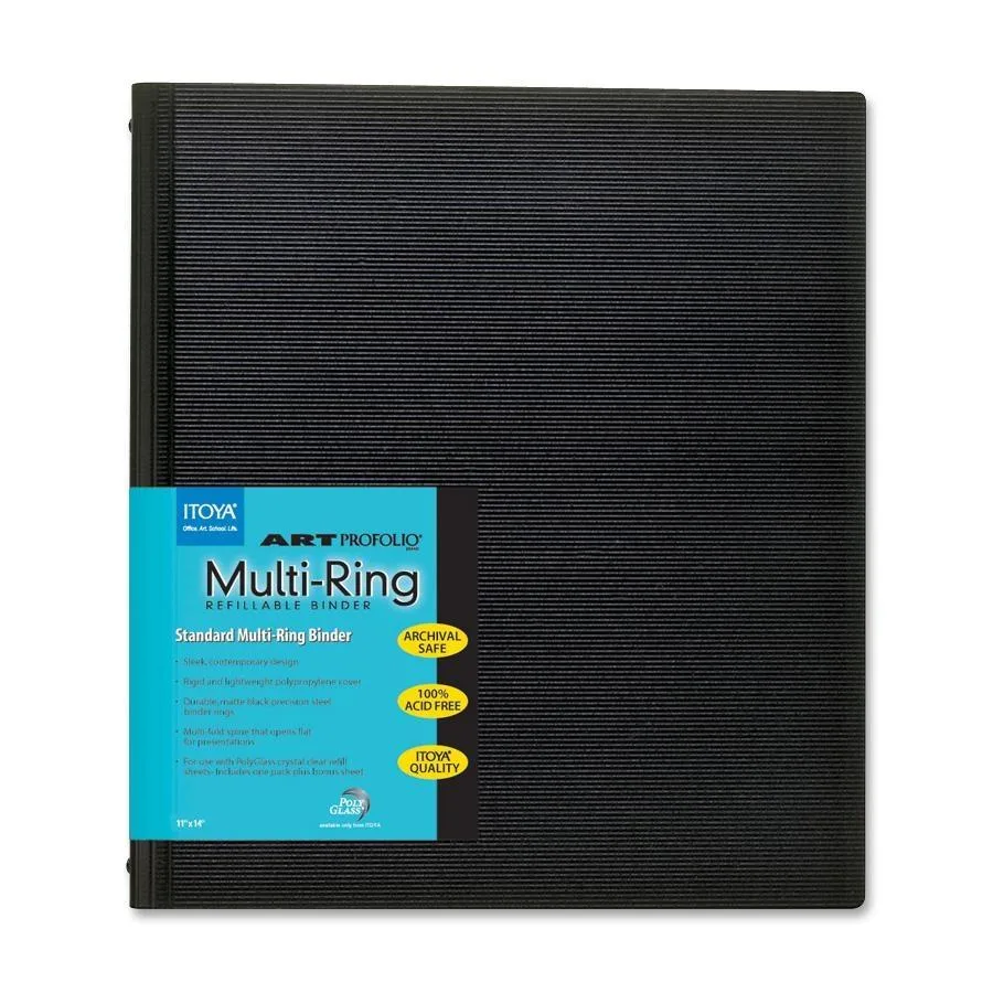 Black multi-ring binder with matte steel rings and rigid polypropylene cover