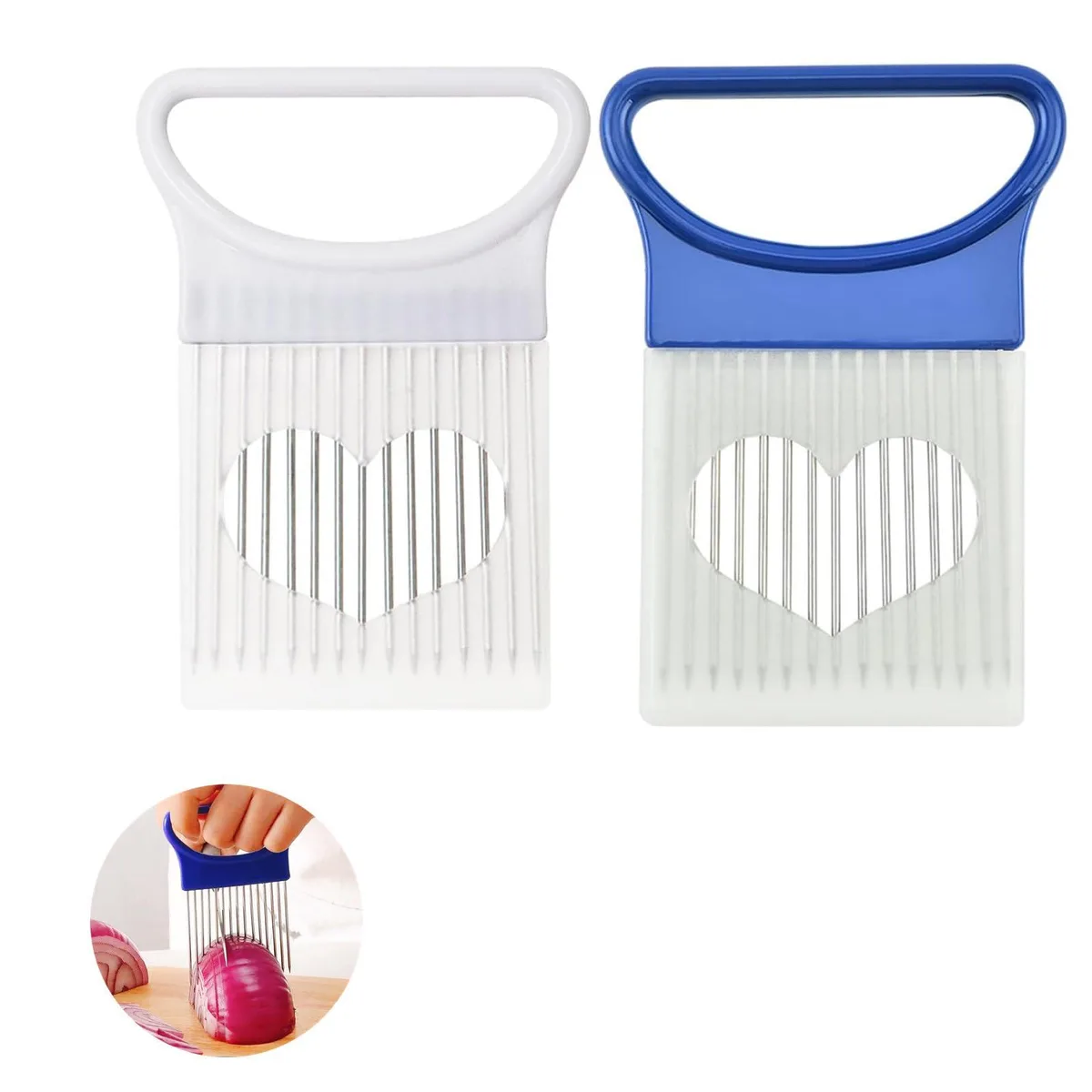 Three blue plastic onion slicers with stainless steel forks and protective covers
