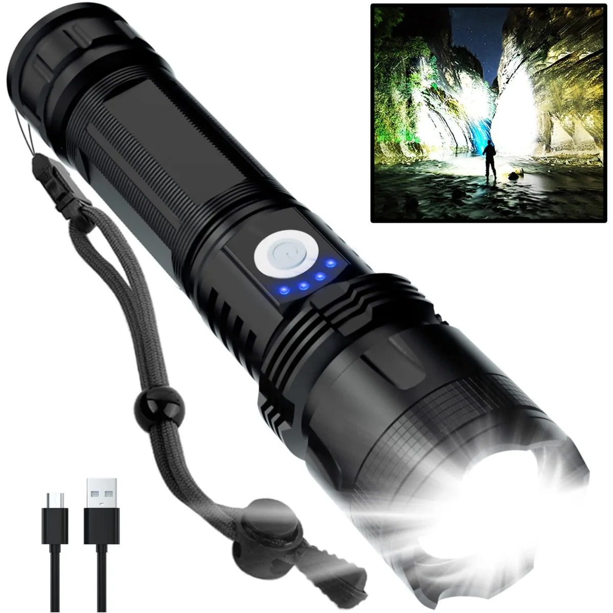 Kaito P50 aluminium torch, silver finish, textured grip, USB port visible, adjustable head extended