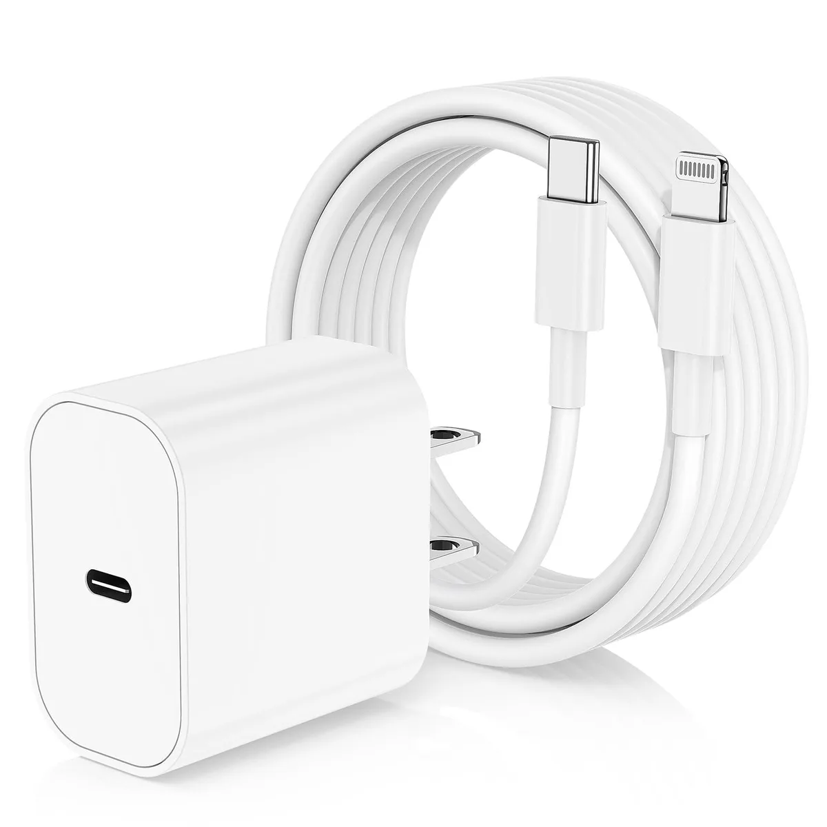 White USB-C wall charger cube with 10ft white USB-C to Lightning cable