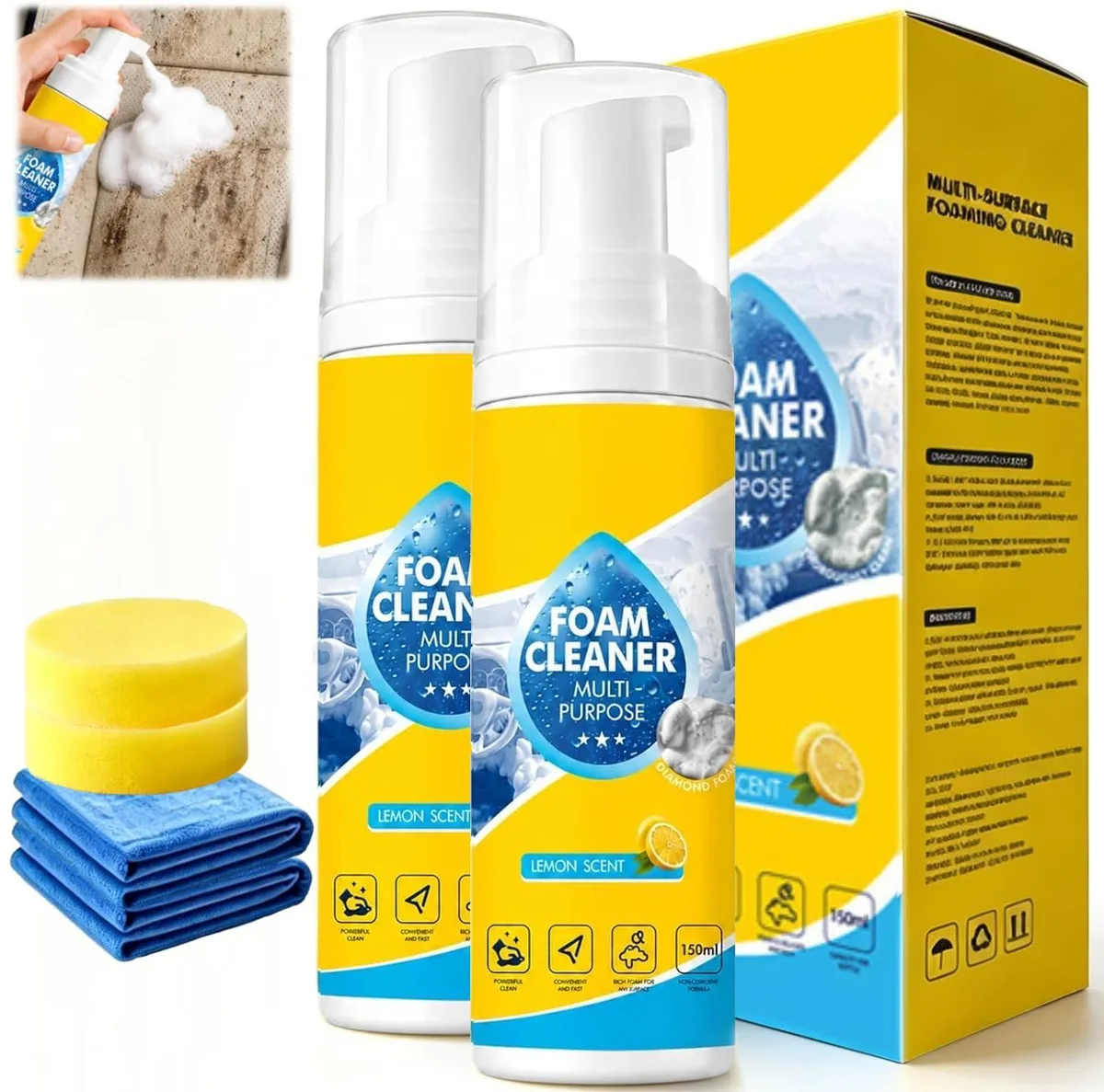 Two aerosol cans with a sponge and cloth on a plain background