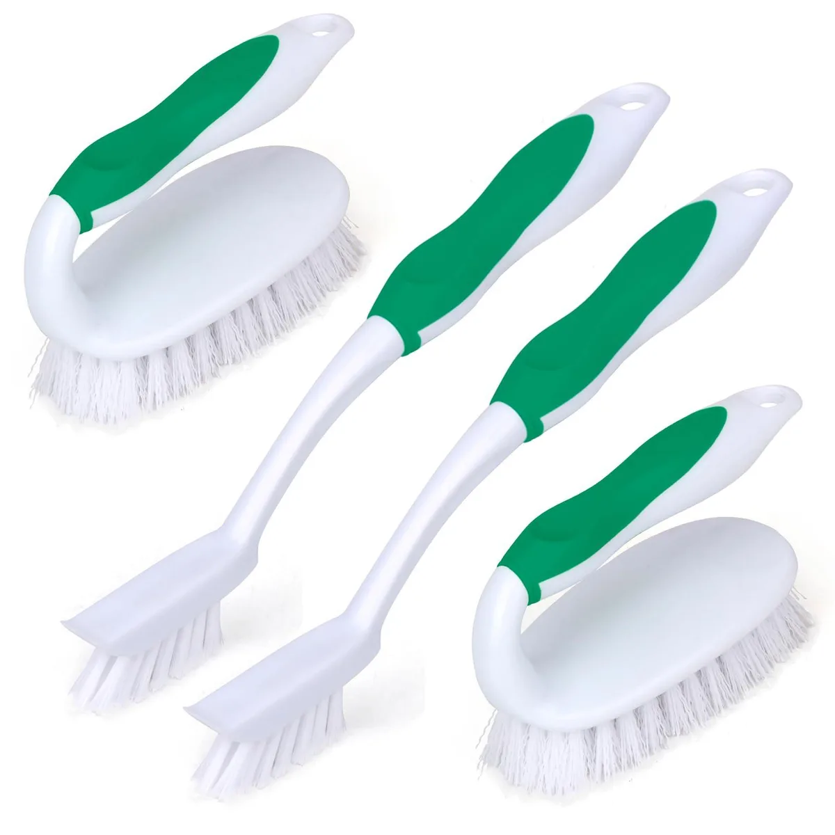 Four green scrub brushes with handles and built-in scrapers