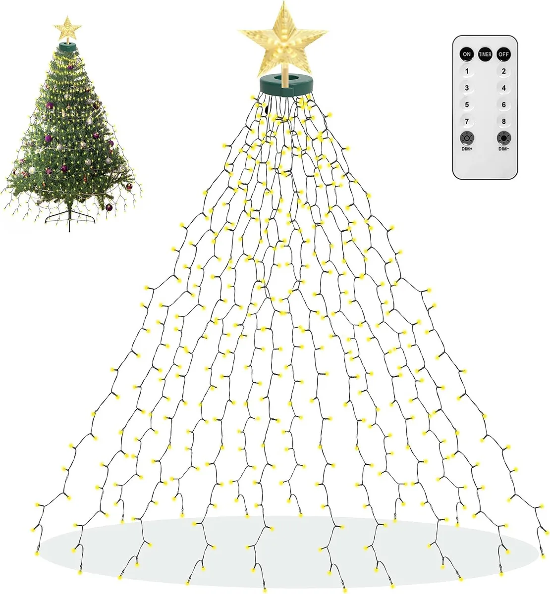 Sixteen warm-white LED strings cascade from a star topper with mounting ring