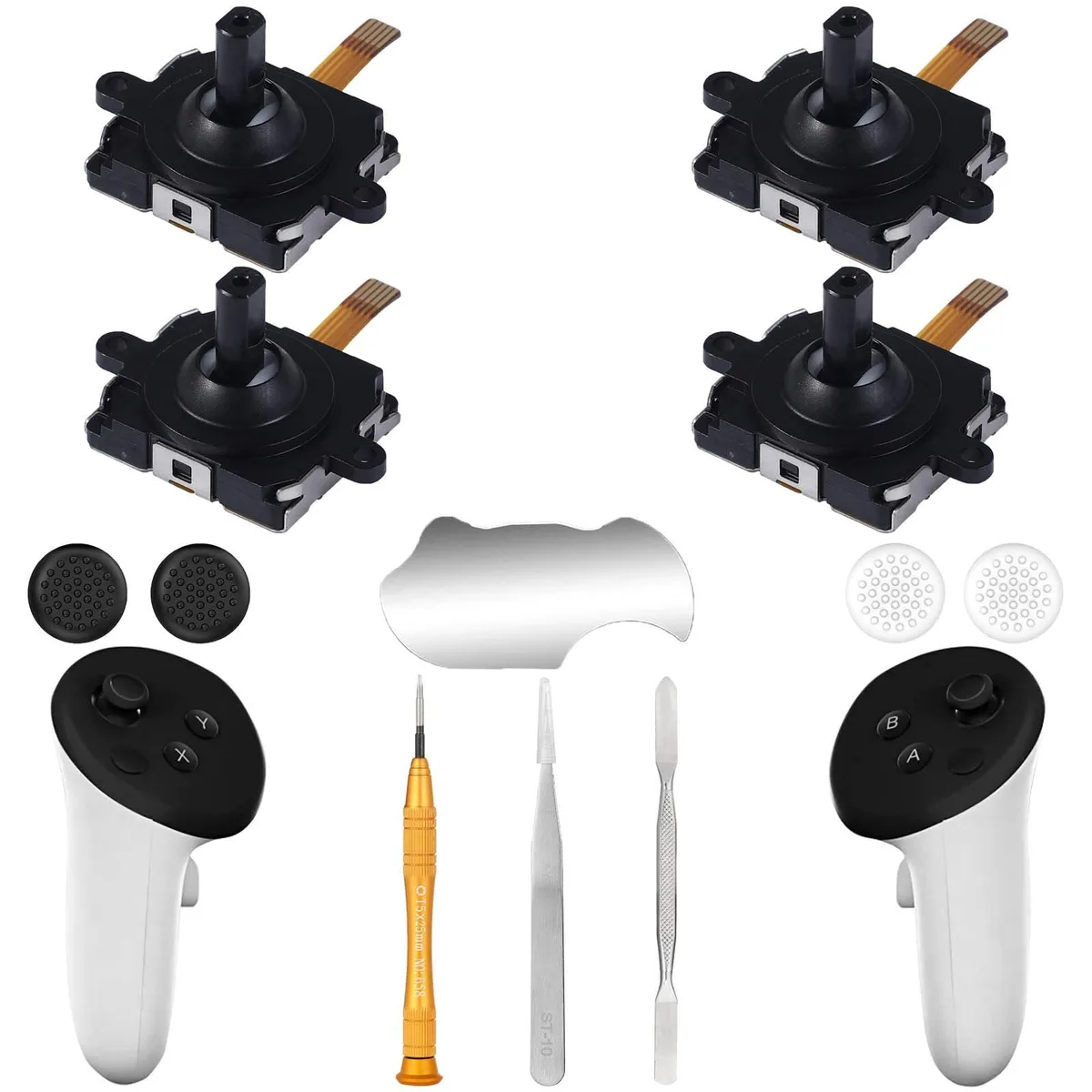 Black repair kit box with four joysticks, caps, metal T5 screwdriver, tweezer, pry tool, pad tool