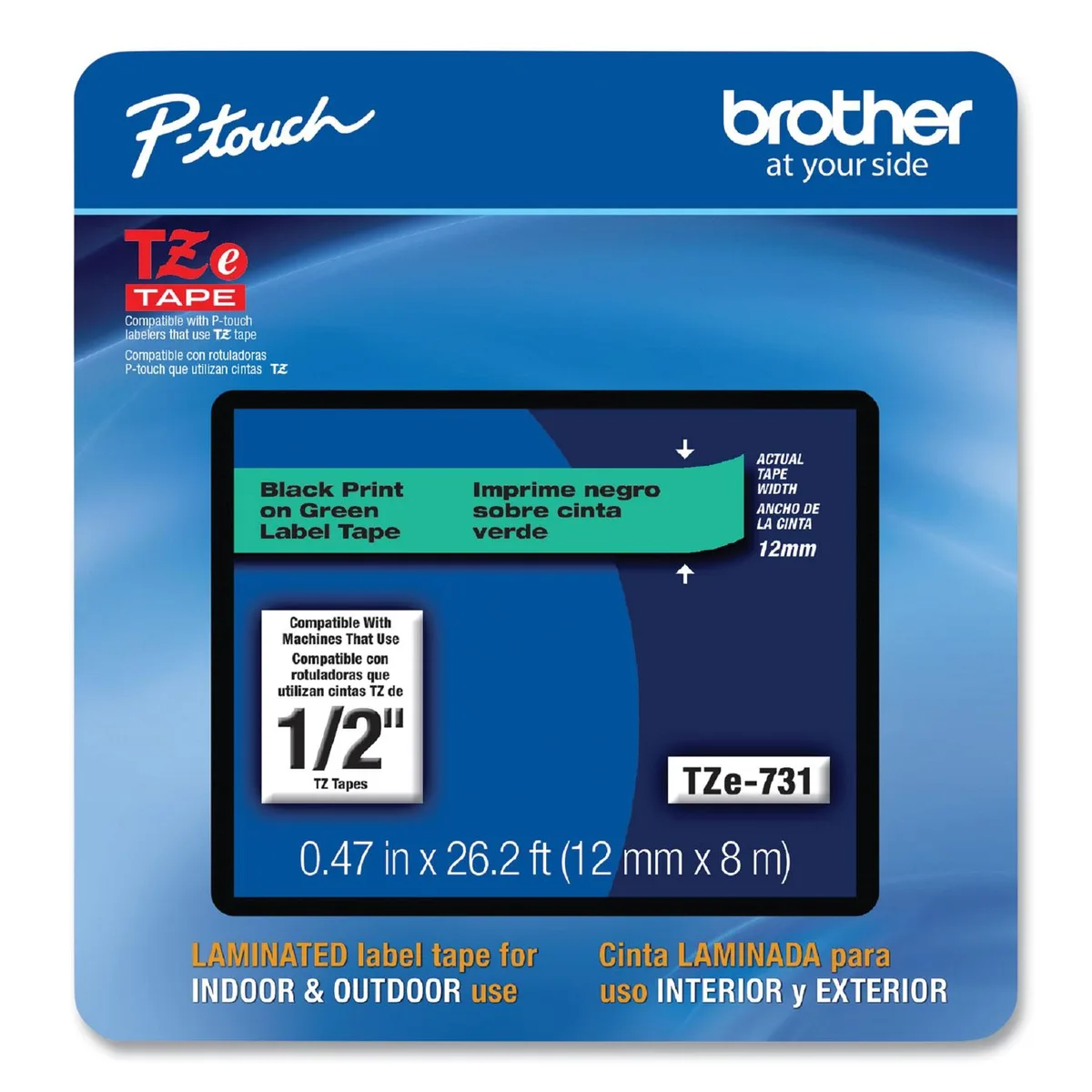 Brother Brother TZE731CS label tape 1/2" x 26.2' black on green — product photo
