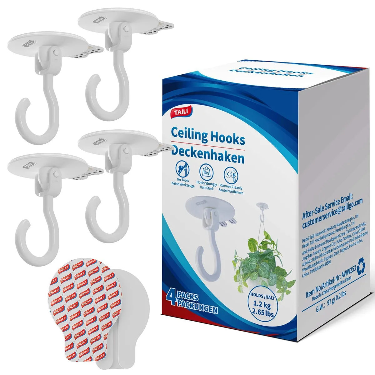 Four white adhesive ceiling hooks with strips, rotatable and flip design