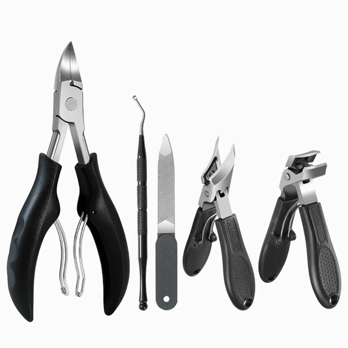 Blue five-piece toenail clipper set with angled head and lifter tools