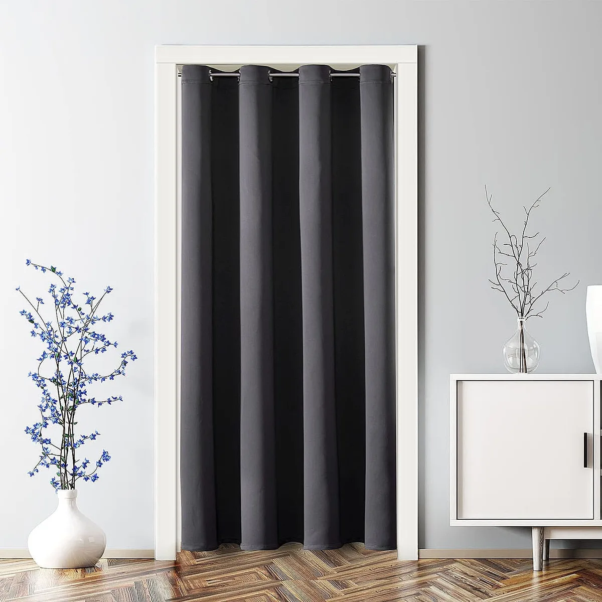 Dark grey polyester door panel curtain 34 inches wide by 80 inches long with six silver grommets