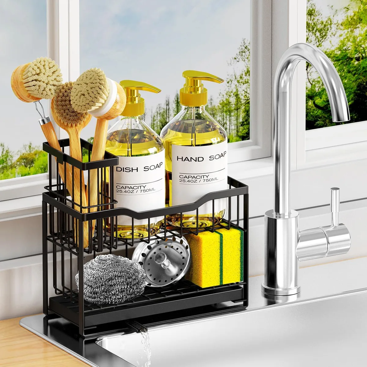 Black stainless steel 2-tier sink caddy 17 inches with rotating spout and non-slip base