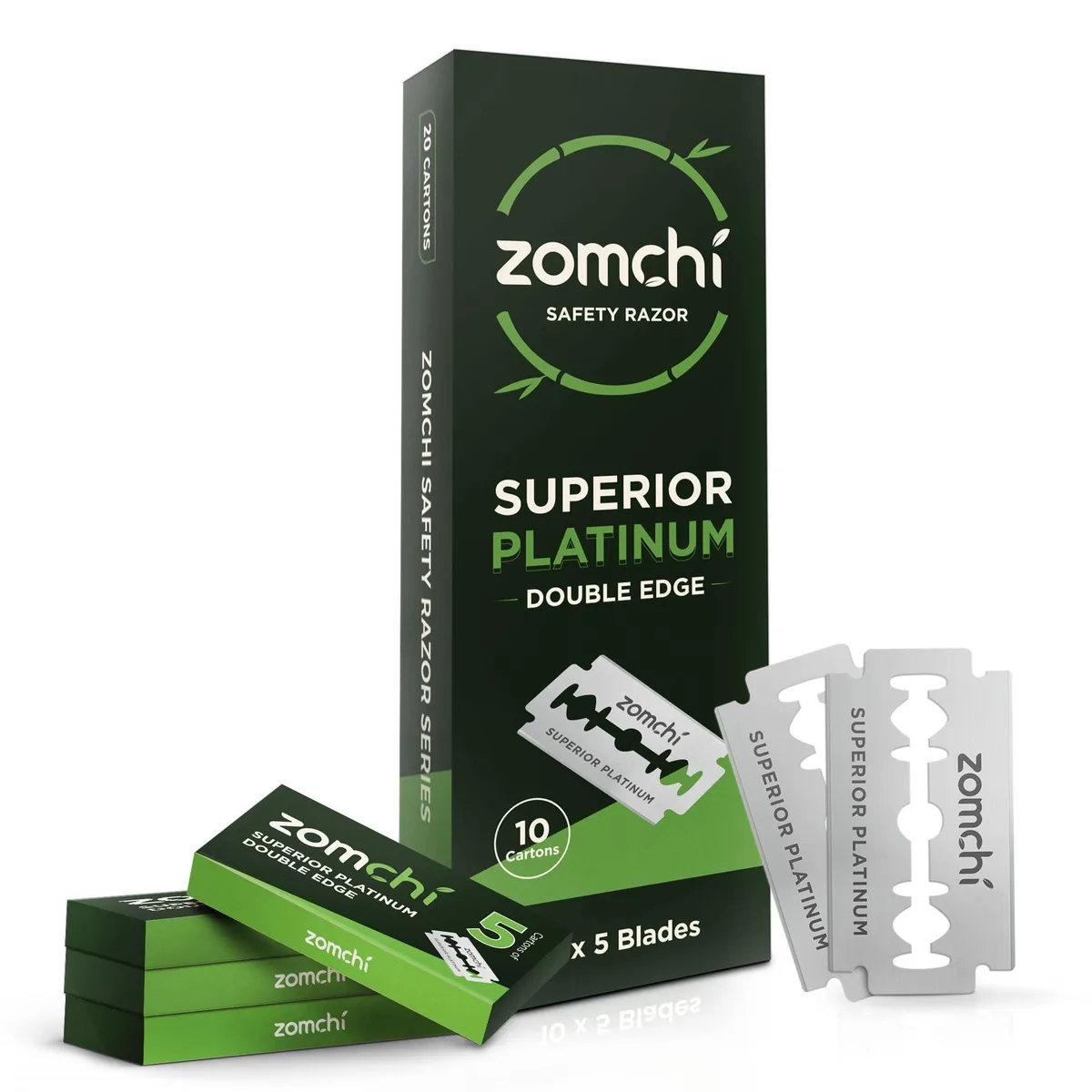 A small rectangular cardboard box containing fifty platinum-coated double-edge razor blades individually wrapped in wax paper