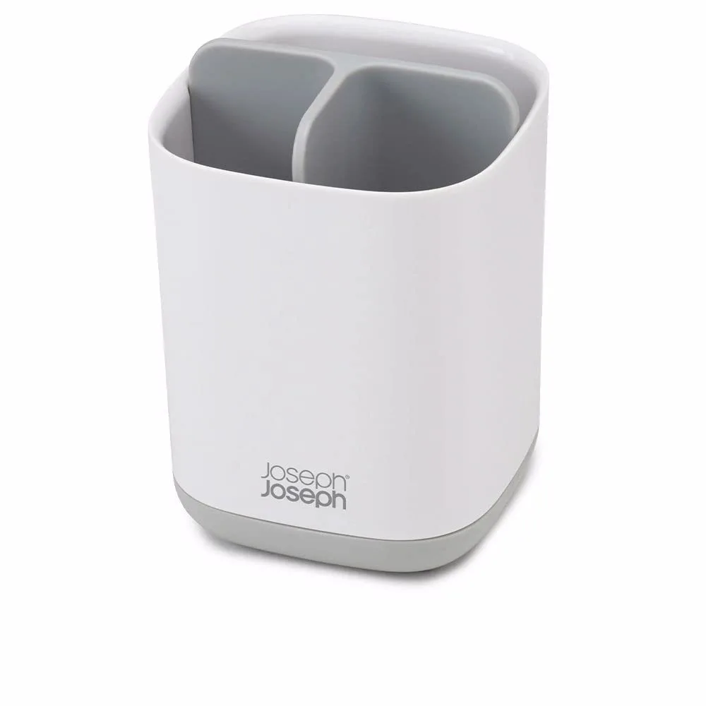 Compact grey and white plastic toothbrush caddy with three ventilated compartments and non-slip base
