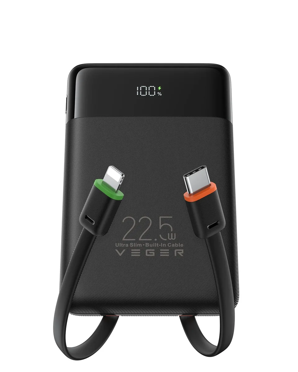 Slim black power bank with built-in USB-C and Lightning cables, 10000mAh capacity