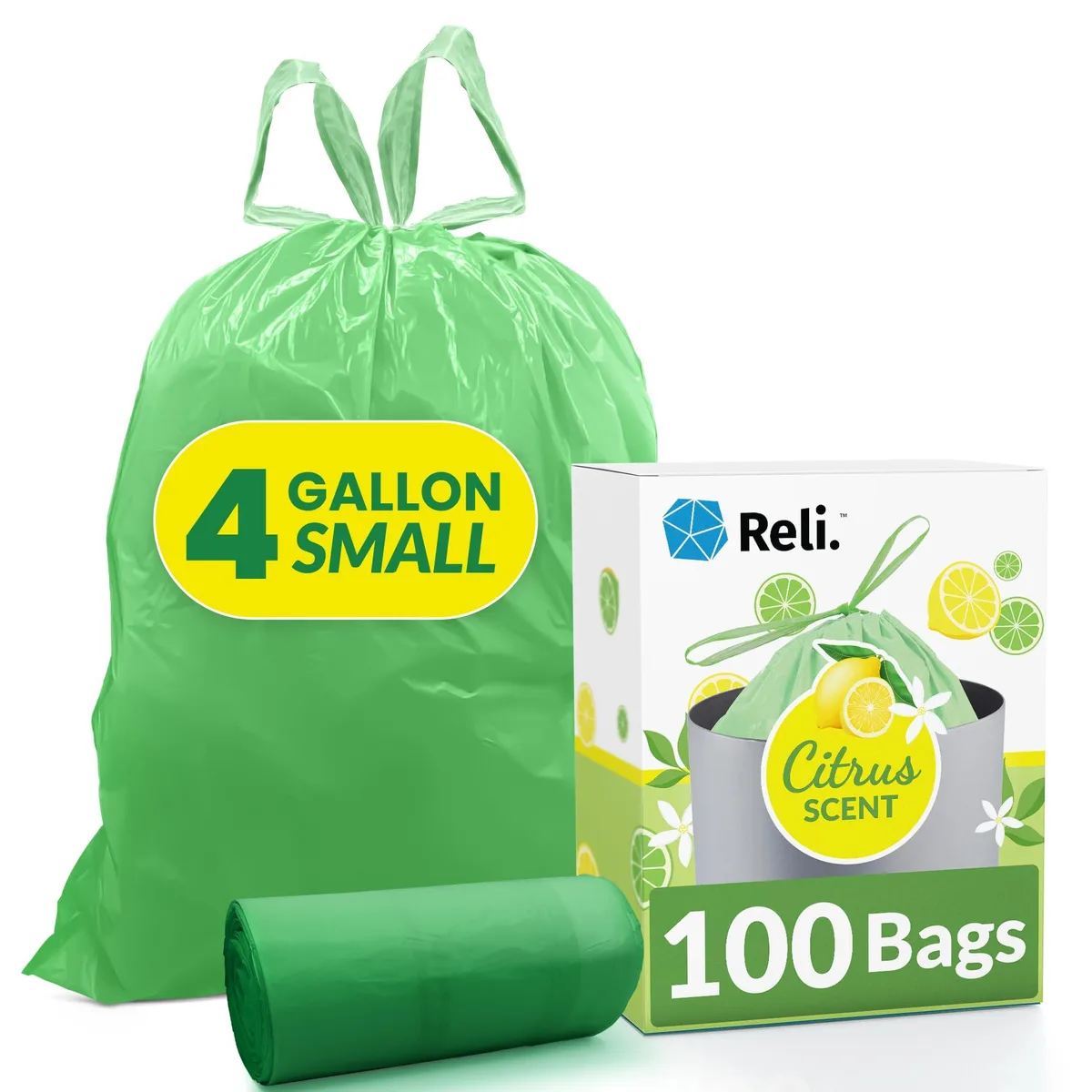 Pack of 100 light green drawstring trash bags on two rolls