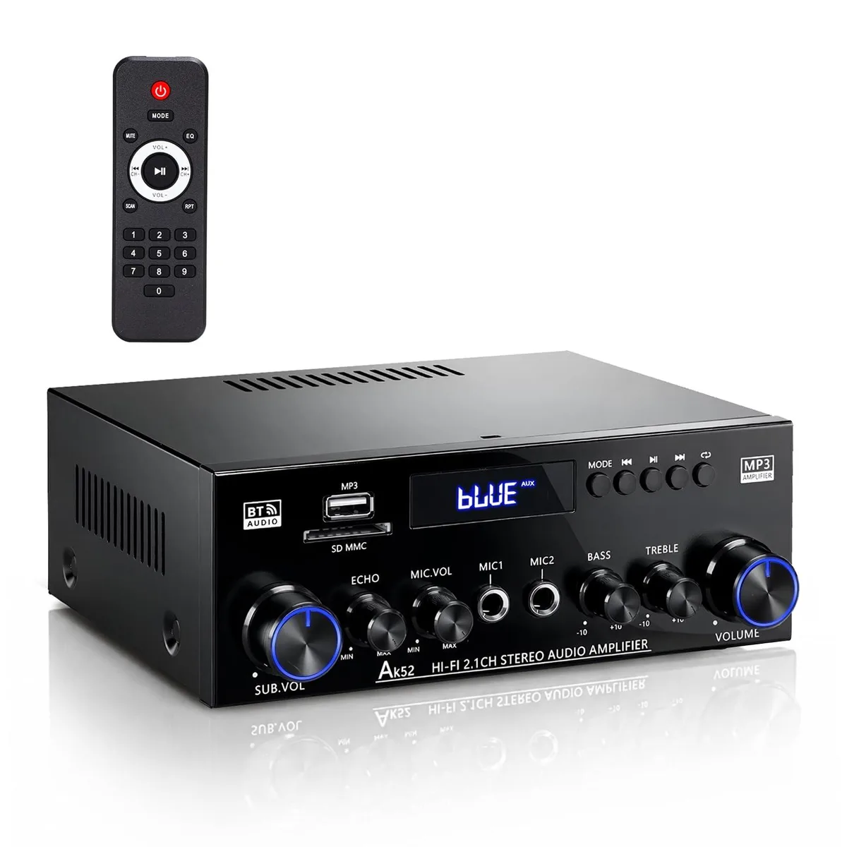 Black rectangular 2.1 channel receiver with six rotary knobs, remote, and FM antenna
