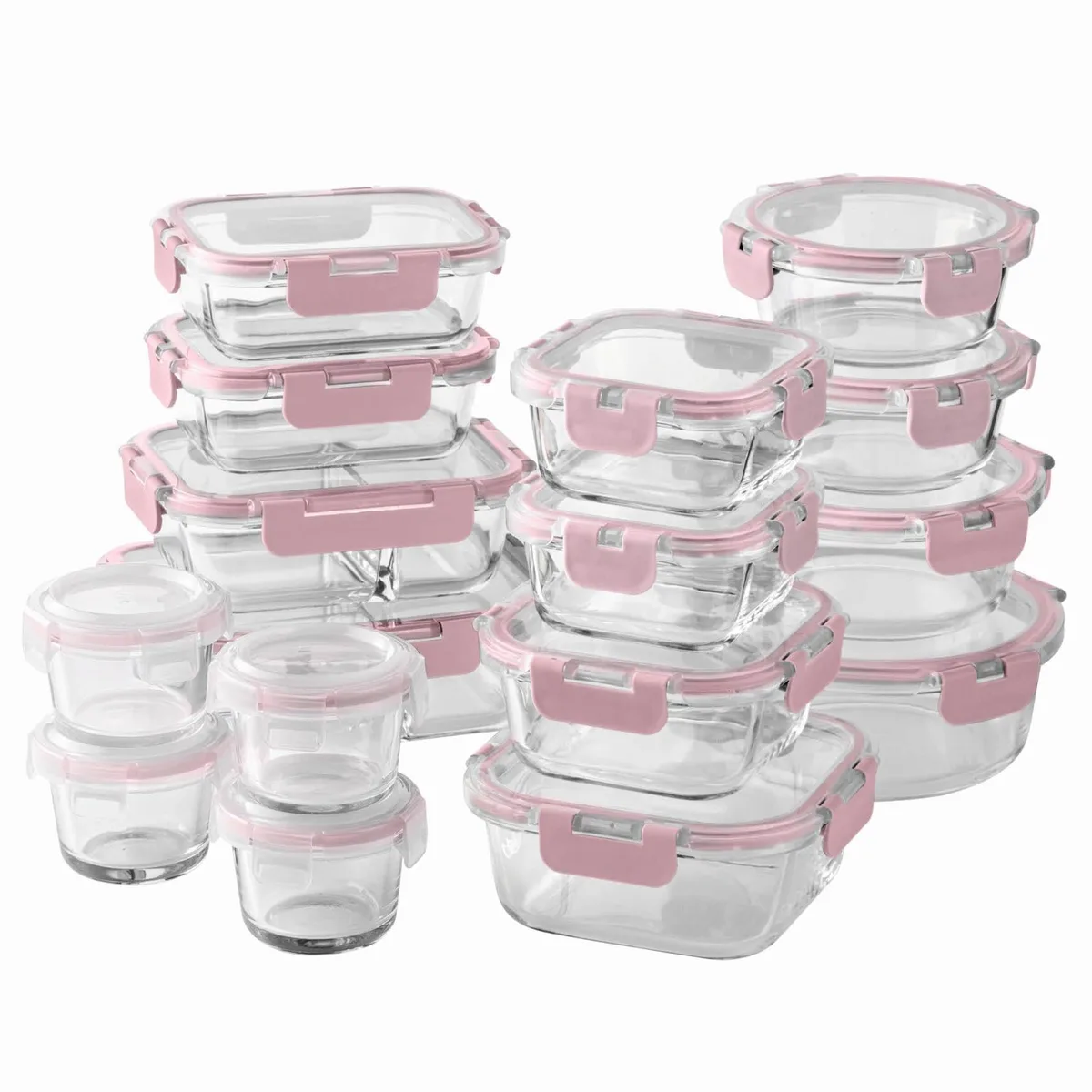 Set of 32 red borosilicate glass containers with leakproof lids and dividers