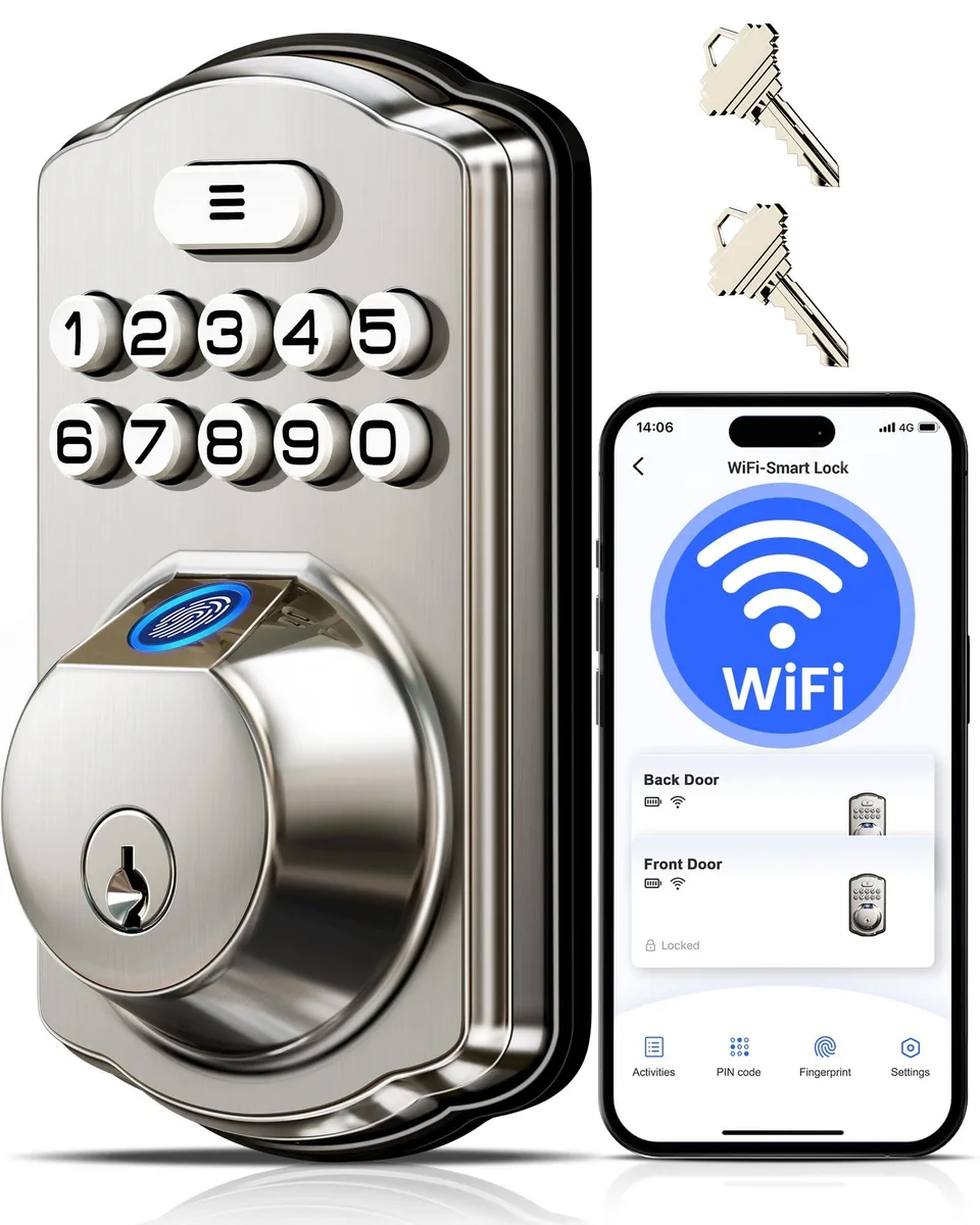 Satin nickel smart lock with fingerprint sensor and keypad, rectangular front, 3 by 1.3 by 5.1 inches