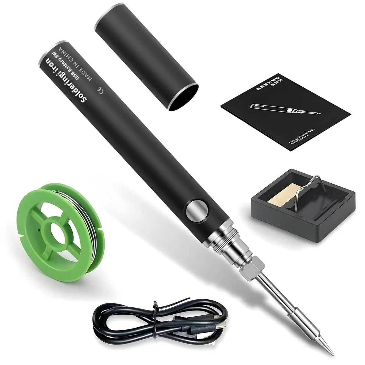 Compact cordless soldering pen with USB cable and accessories